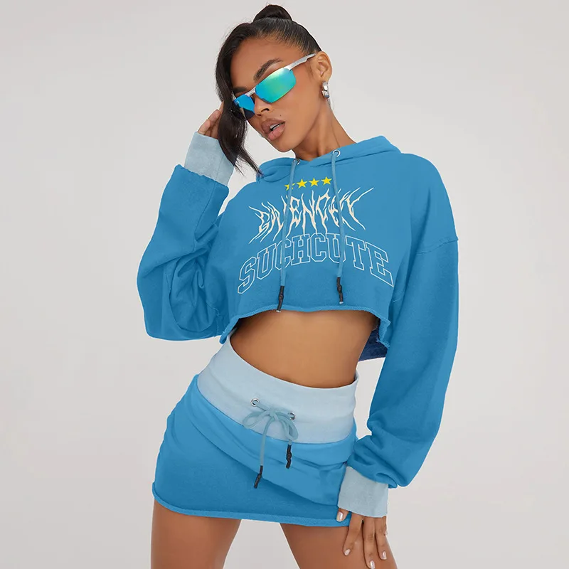 Letter Print Personalized Street Hooded Short Style With ExposEd Navel Long Sleeved Hoodie, HigH Waisted And Buttocks Wrapped