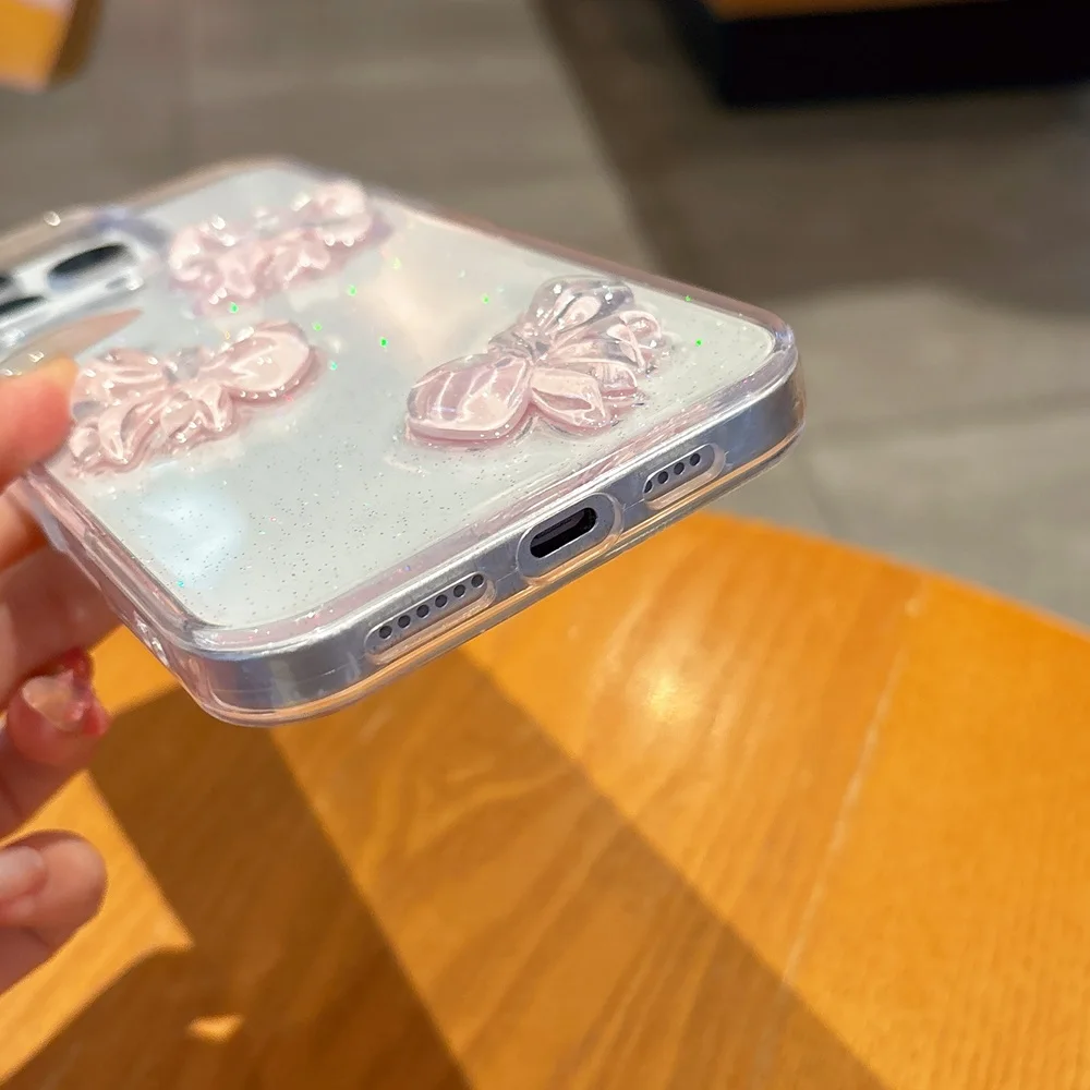 لطيف ثلاثية الأبعاد الوردي Bowknot بلينغ بريق قضية الهاتف آيفون 17 16 15 14 13 12 11 برو ماكس زائد الفاخرة واضح للصدمات غطاء الوفير #6