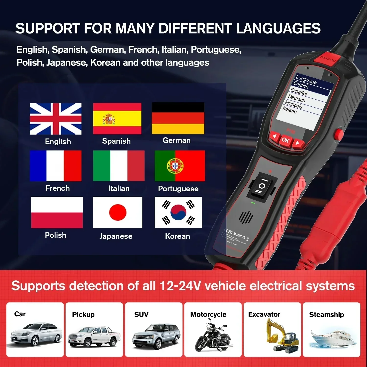 New+ Topdiag P150 Car Electrical Circuit Tester Automotive Power Probe Injector Test 12V 24V Battery Tester Auto Diagnostic Tool