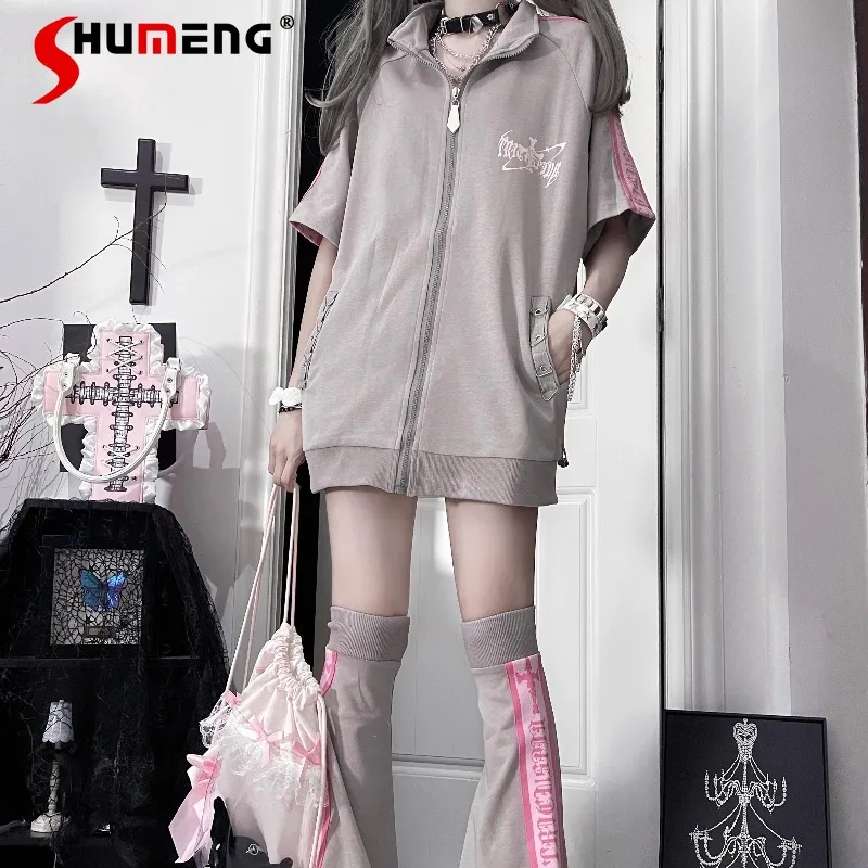 

Japanese Original Print Subculture Dark Black Style Loose Short Sleeves Hoodies Short Skirt Sportswear Set Cool Sweatshirt Women