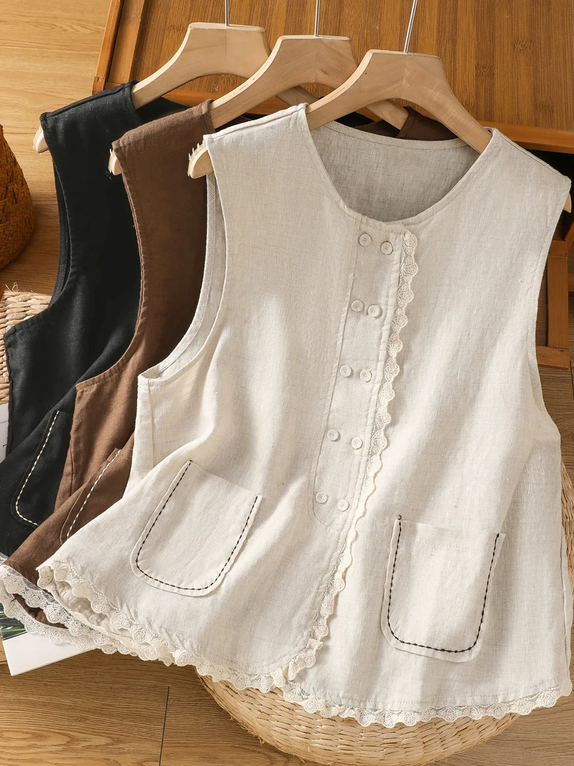 

Casual Cotton Linen Tank Top Women Summer Anti-Aging round Ne Lace Trim Slimming Linen Thin Top Comfortable Commute Sle