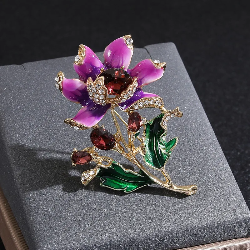 women purple enamel flower brooch, elegant fashion plant wedding party casual pin jewelry
