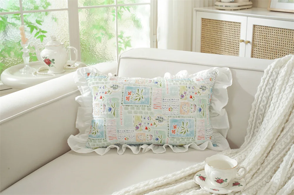 Französische Baumwoll-Kissenhülle, Rüschen-Design, bedruckt, Dekoration, Sofa-Kissenbezug, Kopfteil-Kissenbezüge, 30x50/45x45cm – Detail 18