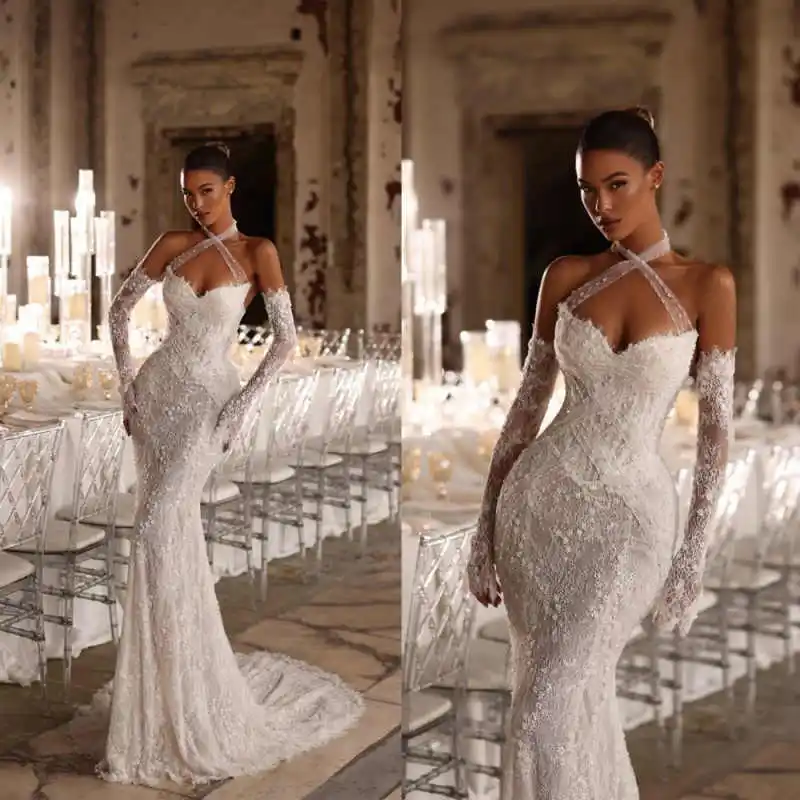 

Простое кружевное свадебное платье-русалка без рукавов с элегантными цветочными аппликациями, со шлейфом, на заказ