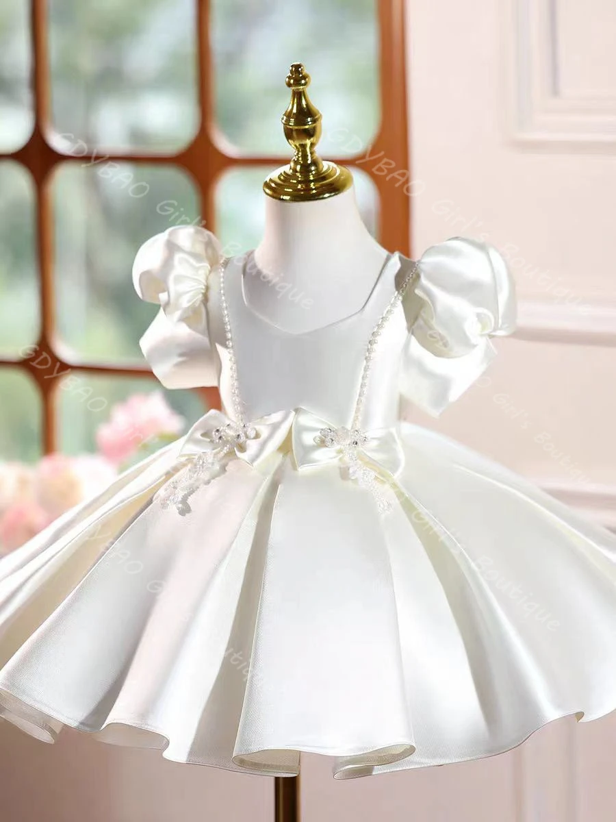 فستان فتاة الزهور بتصوير حقيقي لحفلات الزفاف للأطفال الصغار بأكمام منتفخة لحفلات أعياد الميلاد فستان الأميرة الساتان المطوي حسب الطلب