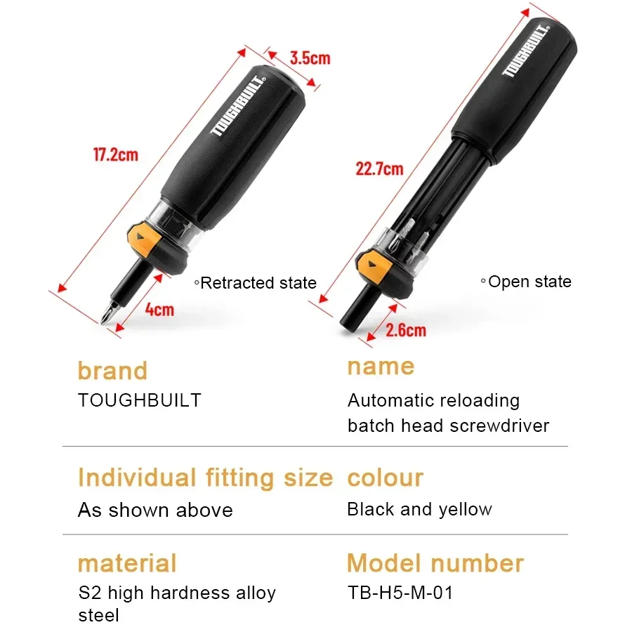 TOUGHBUILT  6 in 1 Multi Bit Magnetic Portable Screwdriver Autoloading Multi-Bit Driver Multifunctional Hand Tools TB-H5-M-01