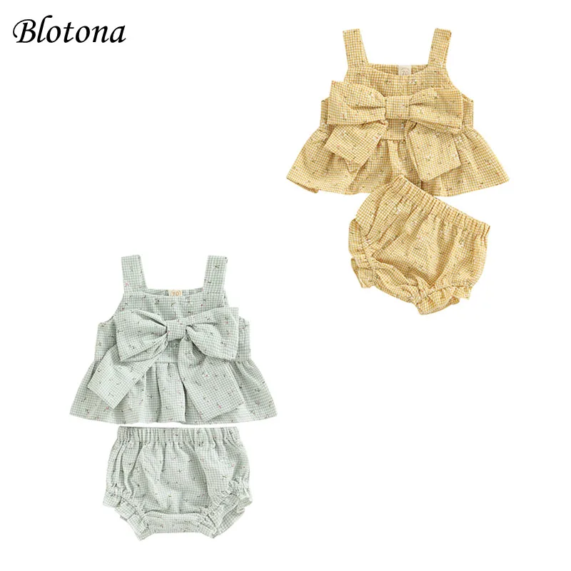 

Blotona Baby Infant Two Piece Set, Sleeveless Floral Plaid Pattern Bow Decor Camisole Tops Elastic Waist Shorts