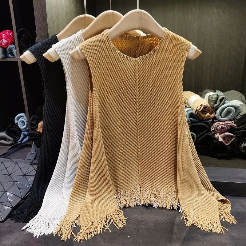 Miyake Dragon Scale Pleated Vest 2026 New Solid Color Fringed Sleeveless T-Shirt Lightweight Irregular Stretch Women's Fold Top