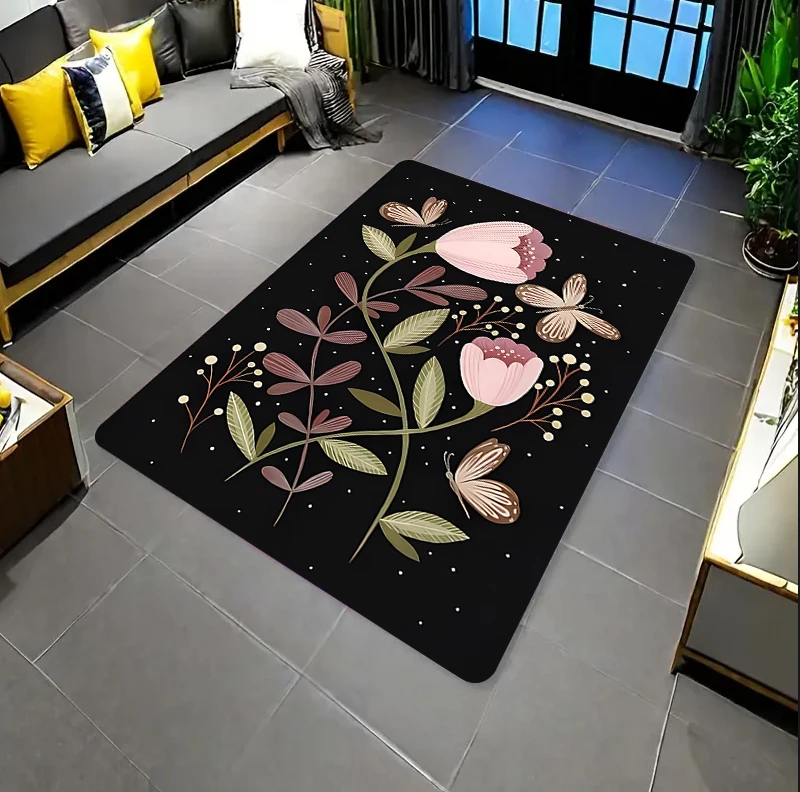 Boho Pink Orchid Area Rug Vintage Floral Botanical Print NonSlip Washable Floor Mat for Living Room Bedroom Home Decor