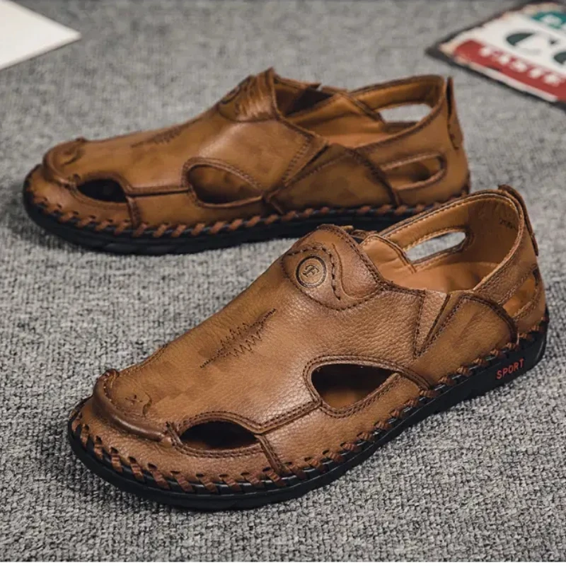 

Сандалии мужские в стиле ретро, повседневные модные пляжные босоножки, удобная однотонная обувь с вырезами, высокого качества