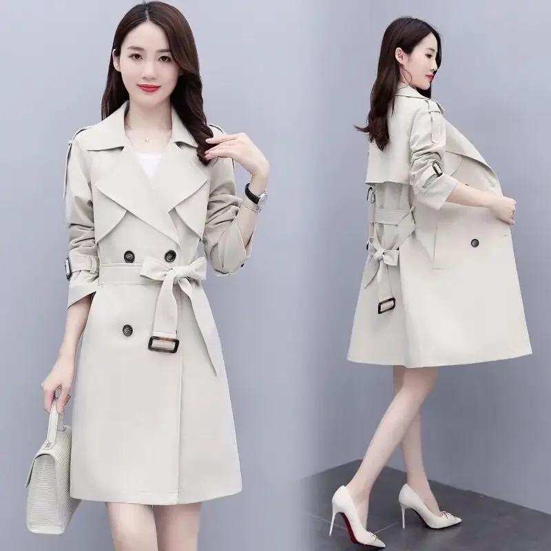 

New British Style Long Windbreaker Lady Solid Color Belted Women Coat Commuter Casual women's winter coat