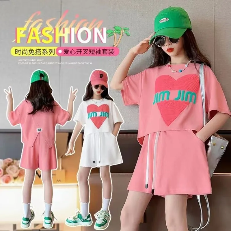 Summer Teenage Girls Clothes Set Children Girl Lapel Letter Tshirts and Shorts 2 Pieces Suit Kid Top Bottom Outfits Tracksuits