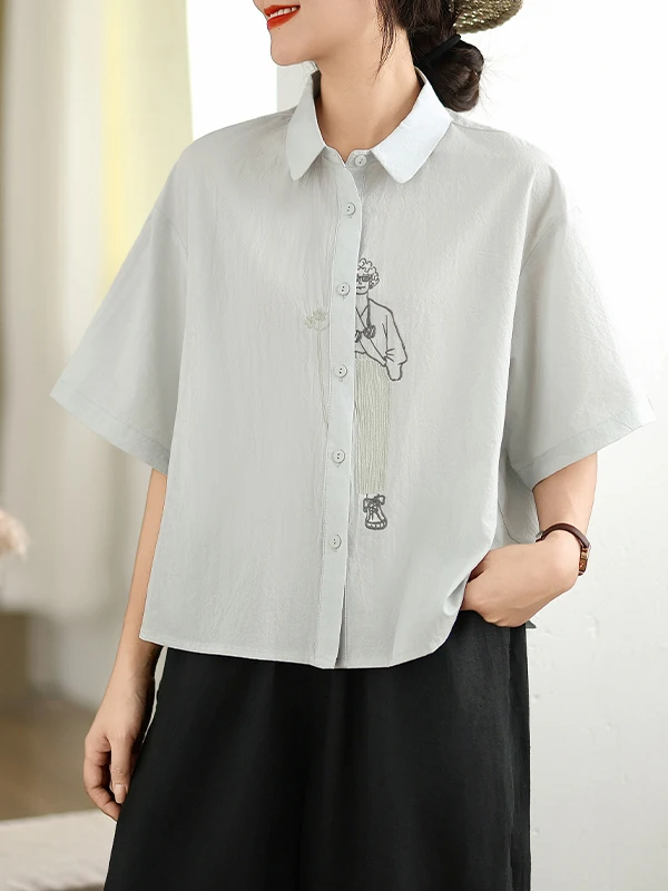 

Летняя коллекция 2026: Повседневная свободная хлопковая рубашка с коротким рукавом и вышивкой, женская модная блузка больших размеров, белая, универсальная, из высококачественной ткани