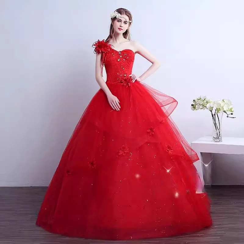 

It's Yiiya Red Wedding Dresses Cheap Crystal One Shoulder Bling Lace up Princess Floor length Plus size Bride Ball Gowns XN077