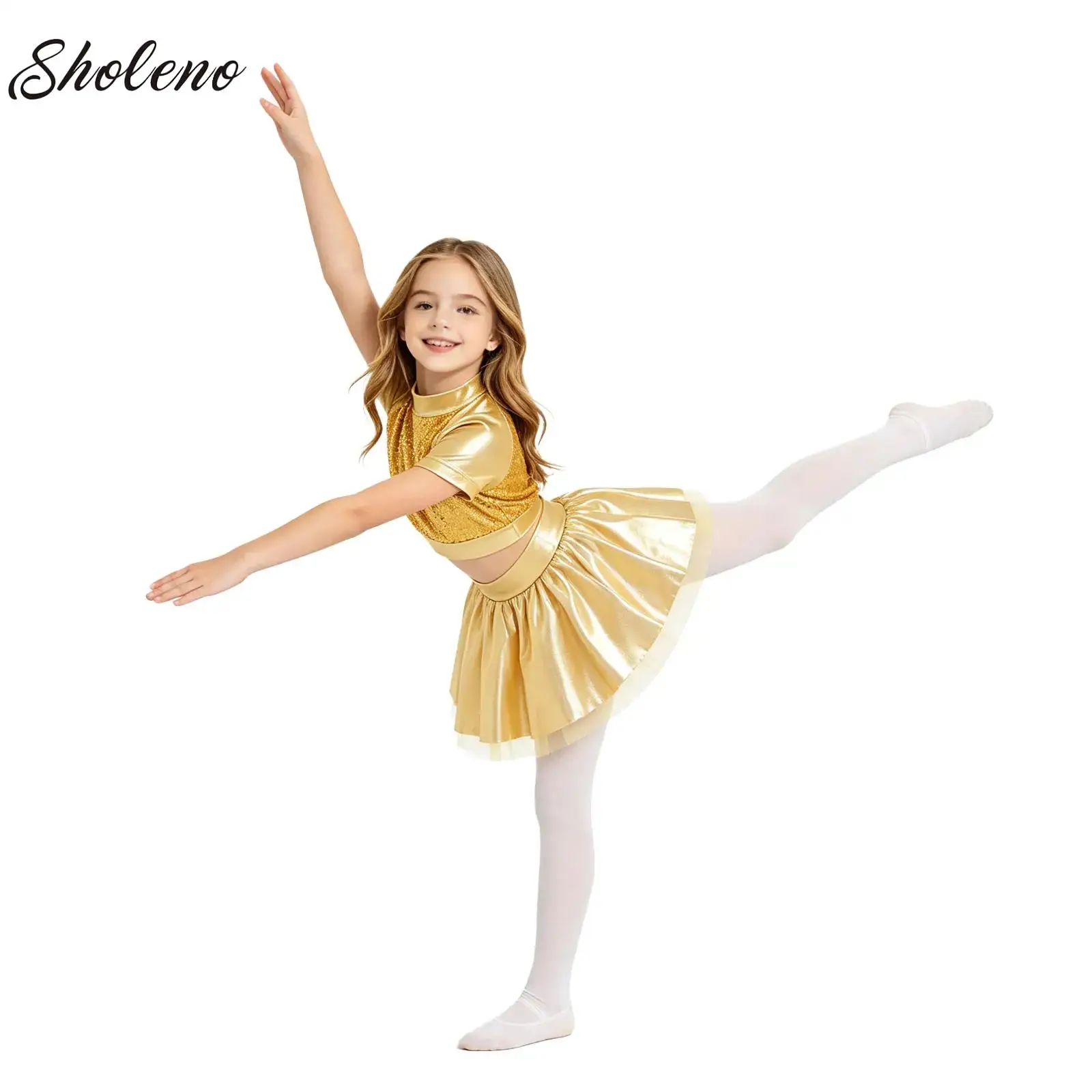 Kids Girls Jazz Hip Hop Dance Costume Short Sleeve Sequins Top Metallic Tutu Skirt Modern Dance Competition Performance Wear