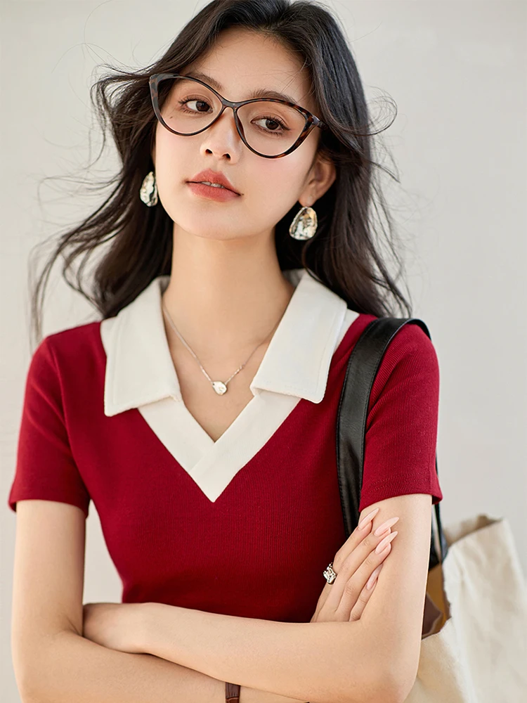 Korean Fashion Summer Women Lapel Shirt Short Sleeve T-Shirt Solid Color Knit Top Fashionable Slim Fitting Pullover Top