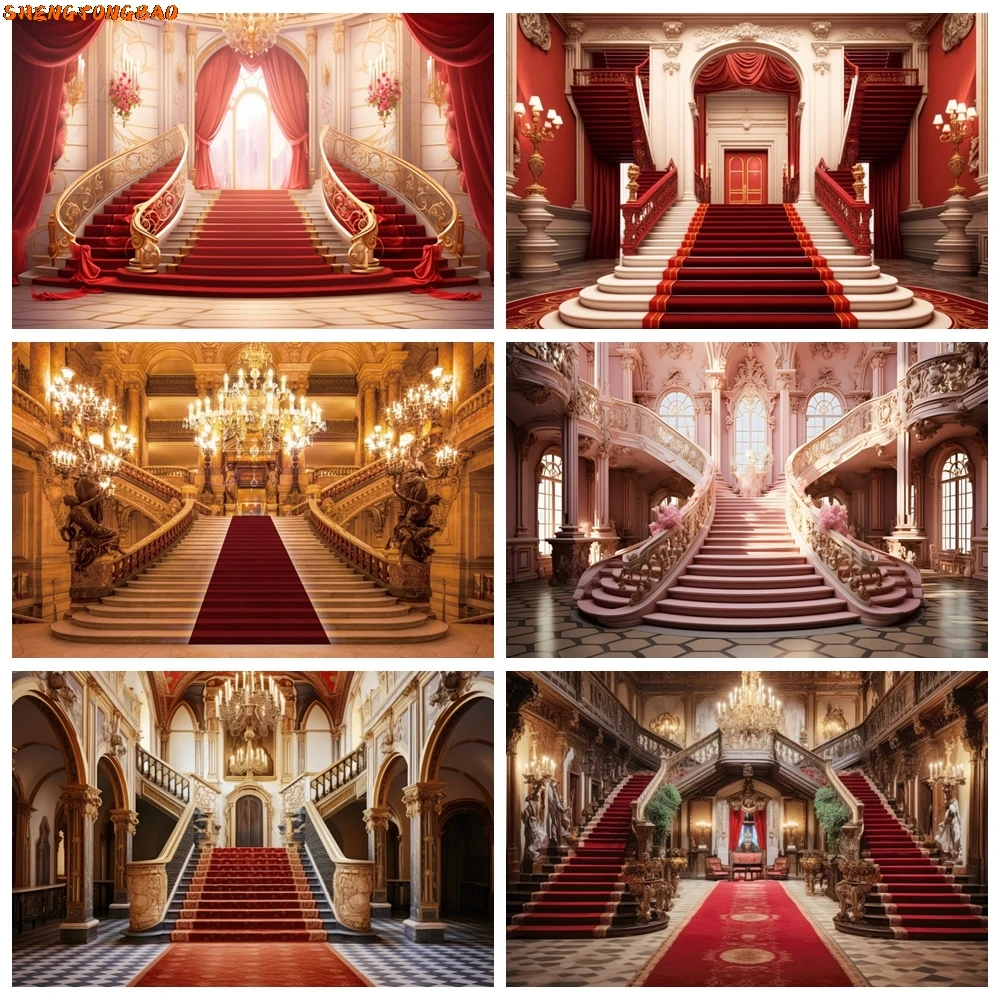 

Red Carpet Luxury Palace Stairs Backdrop for Photography Vintage Castle Church Wedding Birthday Party Decor Photo Background