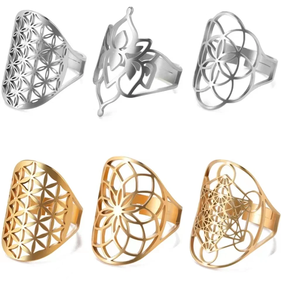 JDZQJ Stainless Steel Flower Of Life Ring Hollow Archangel Amulet Adjustable Finger Ring Sacred Geometry Wicca Jewelry For Women