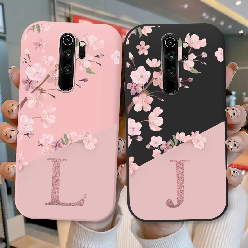 For Redmi Note 8 Pro Phone Case Pink Flowers Initial Letter A To Z Silicone Soft Back Cover For Redmi Note8 Pro Coque Alphabet