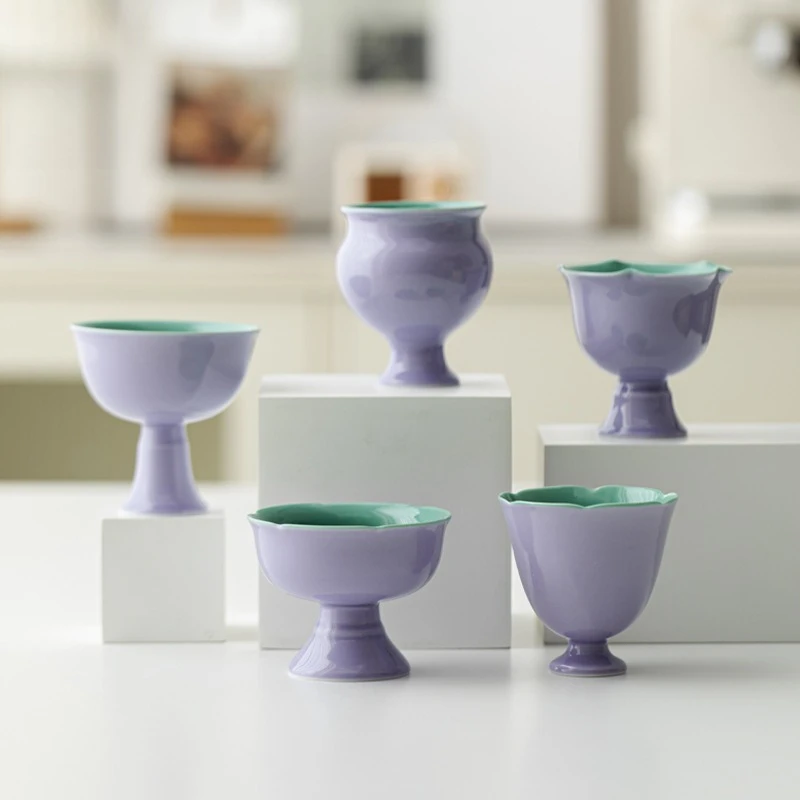 Song Dynasty Style High Foot Tea Cup Purple Turquoise Green Ceramic Kung Fu Tea Set Home Use