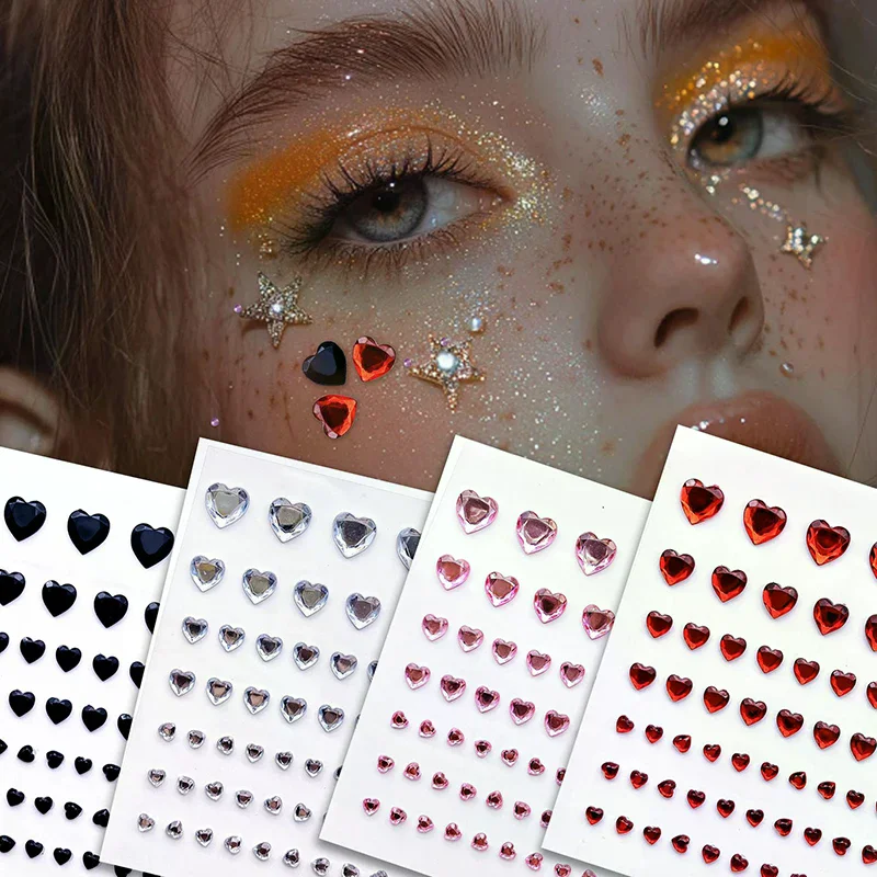 57 pieces/sheet of heart-shaped rhinestone face jewelry stickers for eye and facial makeup decoration