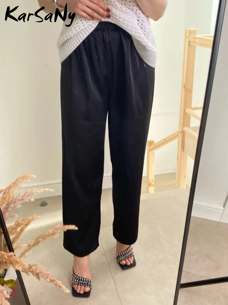 Black Summer Satin Straight Pants Women Silk White High Waist Wide Leg Trousers Silk Work Pants For Women Summer Clothes 2024