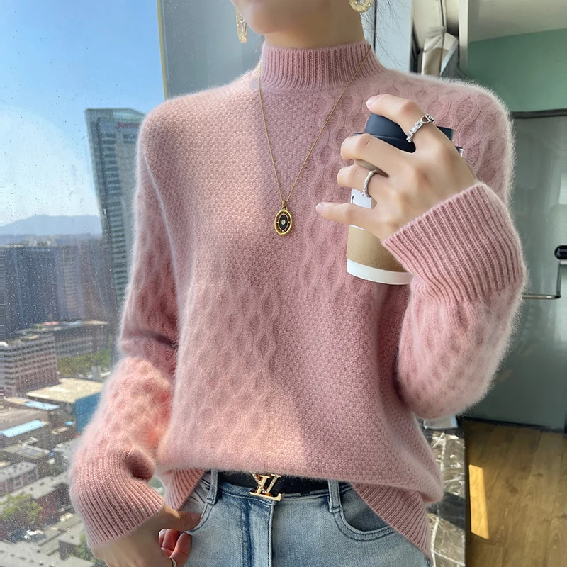 Autumn And Winter New 100% Pure Wool Thick Loose Half-High Turtleneck Pullover Women\'s Long Sleeve Bottoming Cashmere Top.