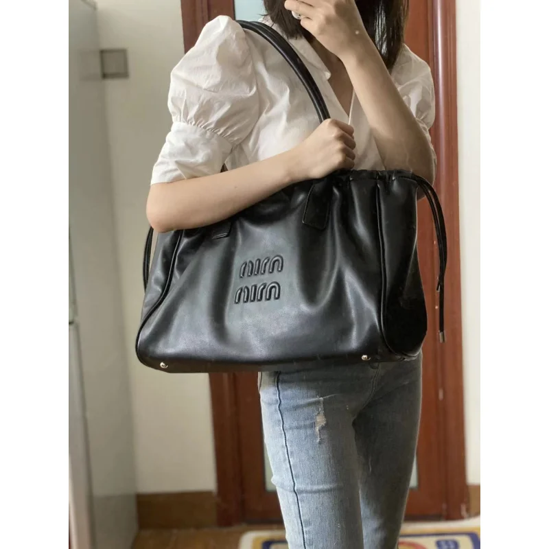 Vintage Women\'s Black Tote Bag Shopper Large Capacity Fashion Drawstring Handbags PU Waterproof Solid Shoulder Bags for Women