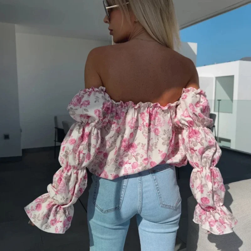 Floral Print Sexy Off-Shoulder Shirts Women Elegant Fashion Pleated Beach Summer Blouses For Women Slash Neck Ruffles Tops