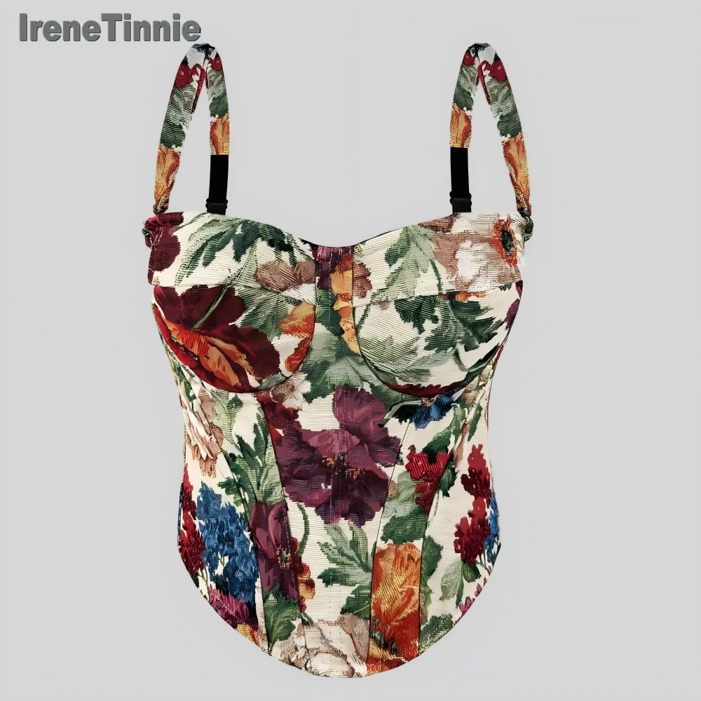 

IRENE TINNIE Retro Streetwear Floral Print Fishbone Slim Fit Shapewear Vest Women's Clothing Polyester Fiber Tightening Corset