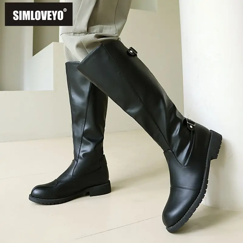 

SIMLOVEYO Новые повседневные зимние сапоги до колена с круглым носком, толстые каблуки 3 см, пряжки на молнии, большой размер 44 45 47 48 49 US18, модные Bota