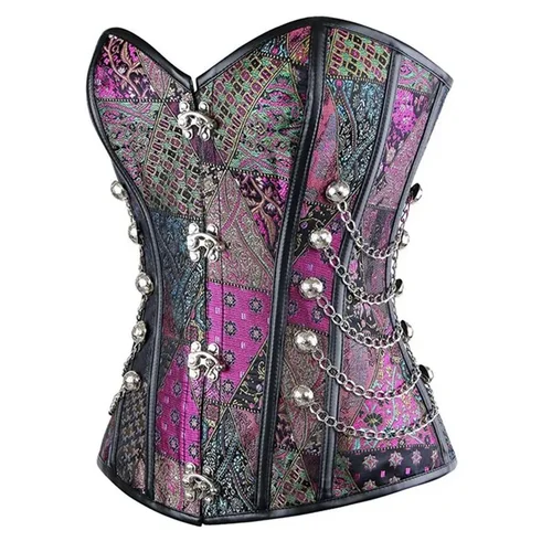 Imagen 2 del producto Steampunk Overbust Corset frenillo con hebilla de tachuelas Sexy gótico Jacquard Floral corsé cintura Cincher Bustier Lencería