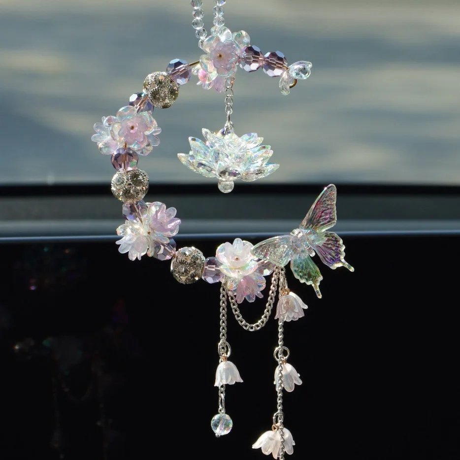 Fashion Moon, Lotus And Butterfly Decor Car Pendant Luxury Creative Bluebells Chain Rear-View Mirror Decoration For Women