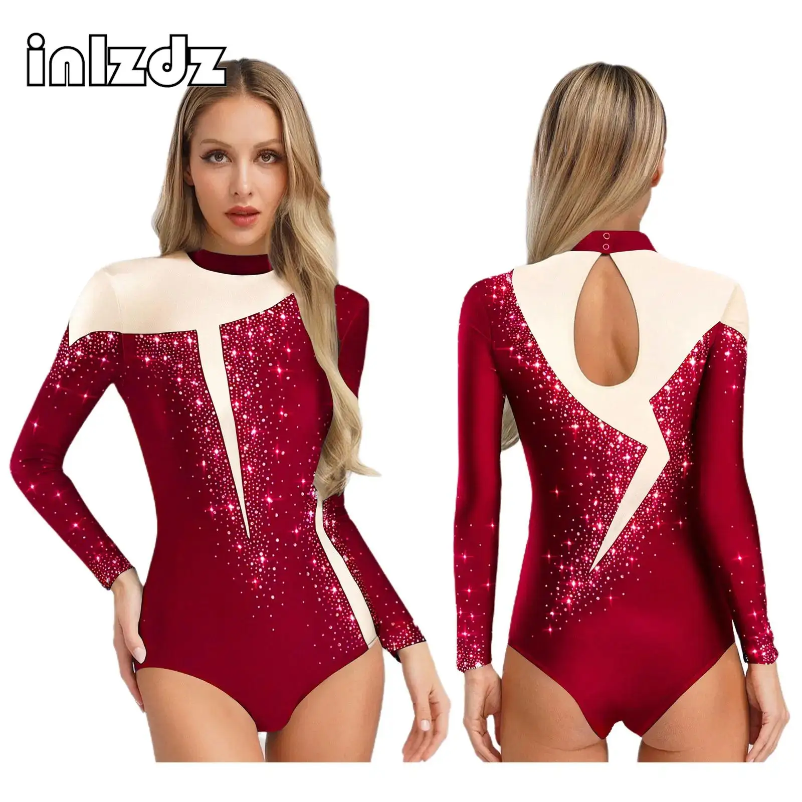 

Womens Sparkly Rhinestones Ballet Dance Unitard Leotard Long Sleeve Bodysuit Rhythmic Gymnastics Figure Skating Performance Wear