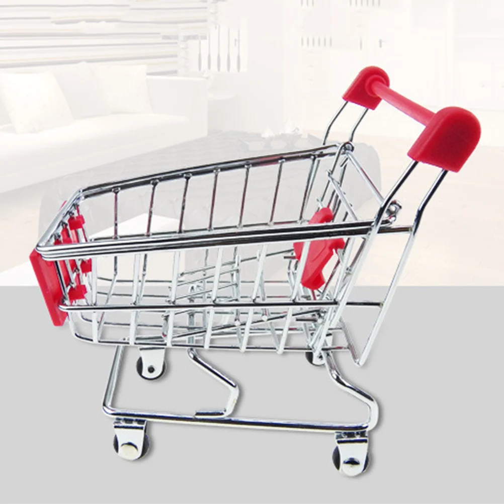 Mini Shopping Cart Children Pretend Play Toy Metal Makeup Storage Grocery Cart Trolley with Electroplating (Random Color)