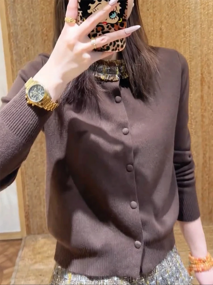 

Корейский элегантный винтажный вязаный кардиган с вставками, осенне-зимняя новинка, большие размеры, стройнящий универсальный топ