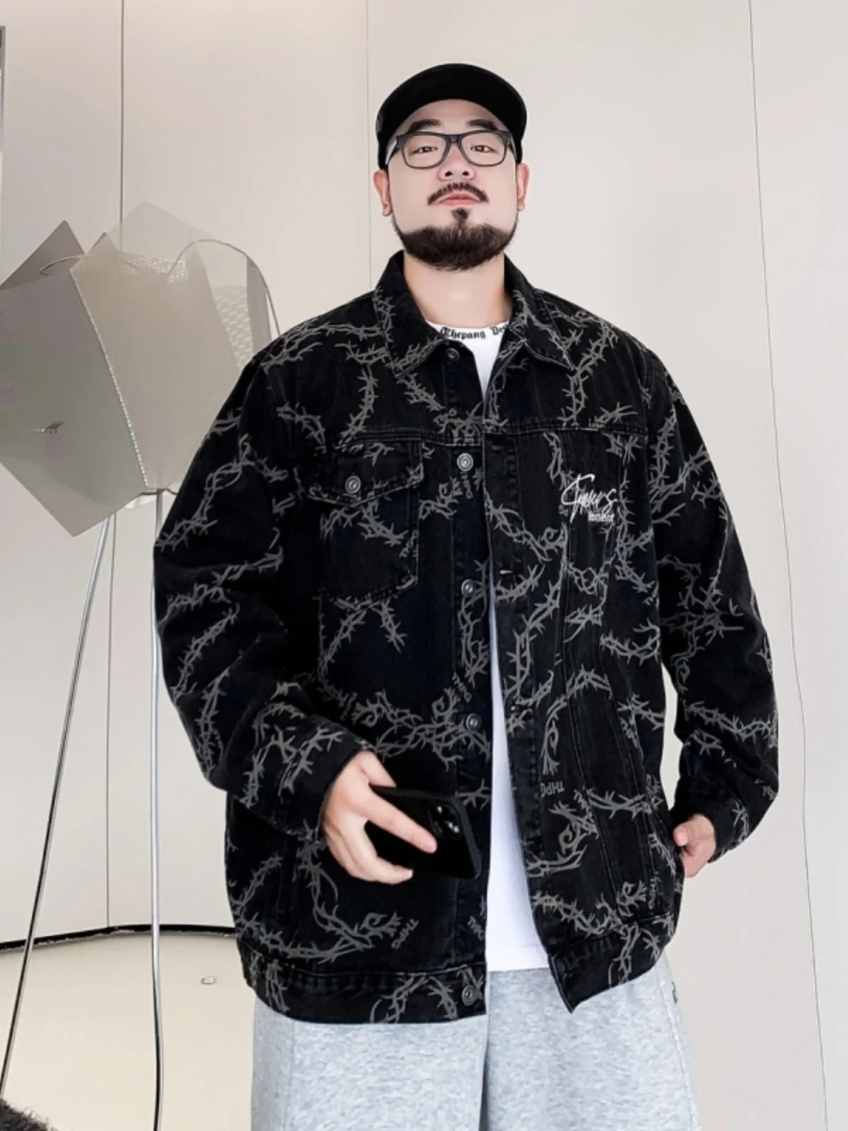 

Trendy Large Size Embroidered Print Collar Denim Jaet Men's Spring Autumn Casual Loose Fit Jeans Jaet Top for Big Sizes