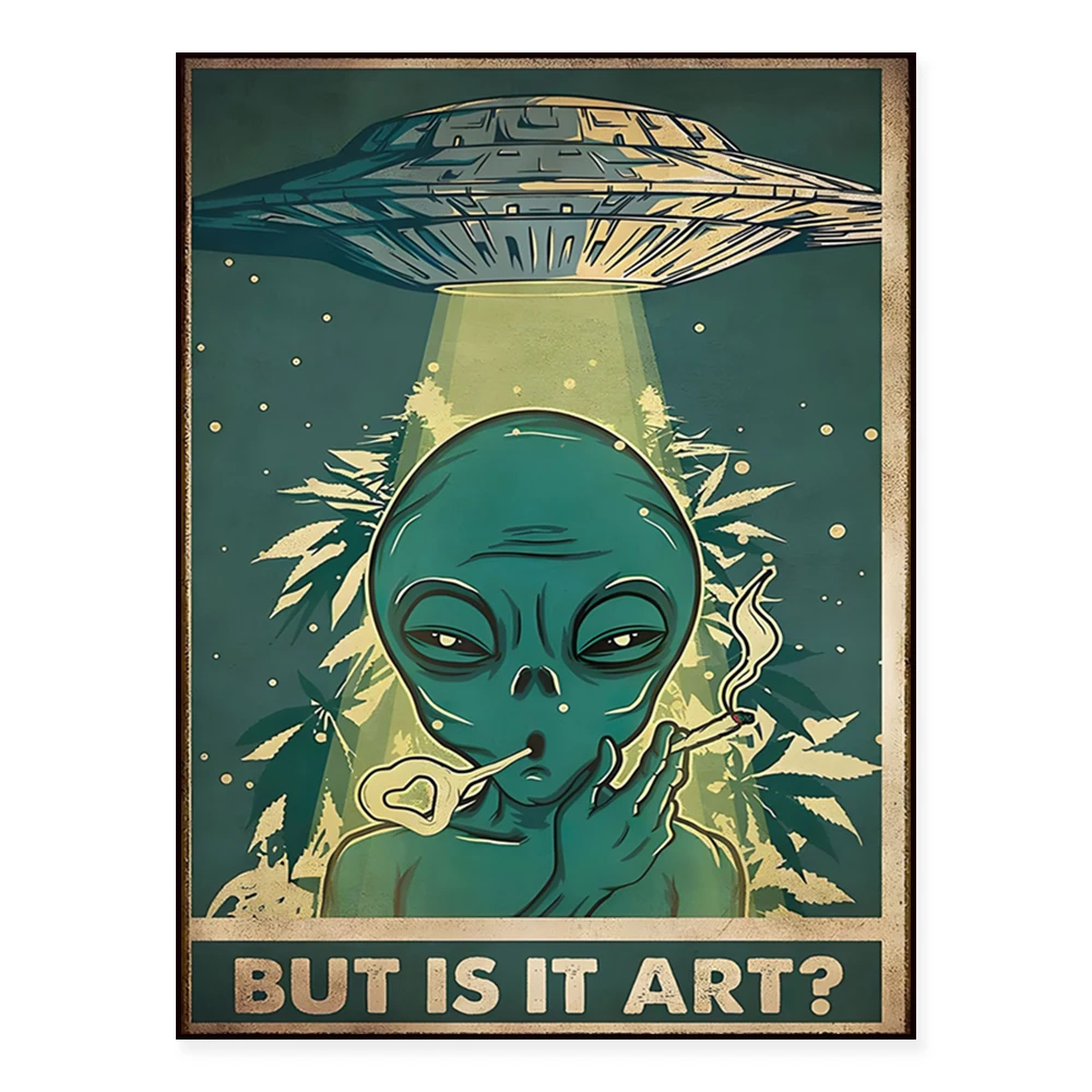 Cool UFO alien smoking weed poster, stoner decor, hippie decor, vintage art print, gift for weed smoker, funny UFO