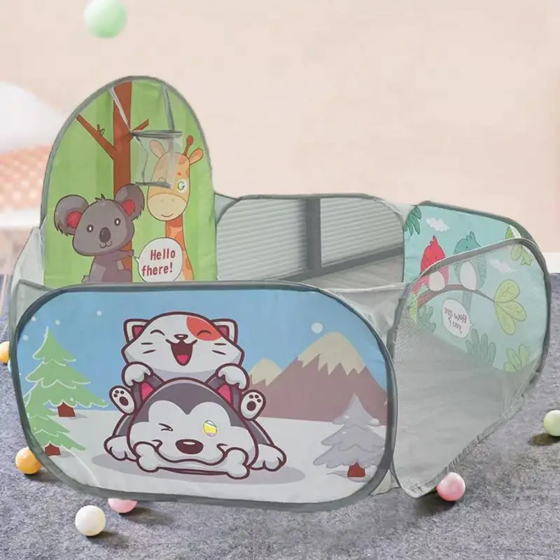 Foldable Kids Ball Pit Cute Cartoon Animal Print Breathable Mesh with Carry Handle for Travel Toddler Play Use