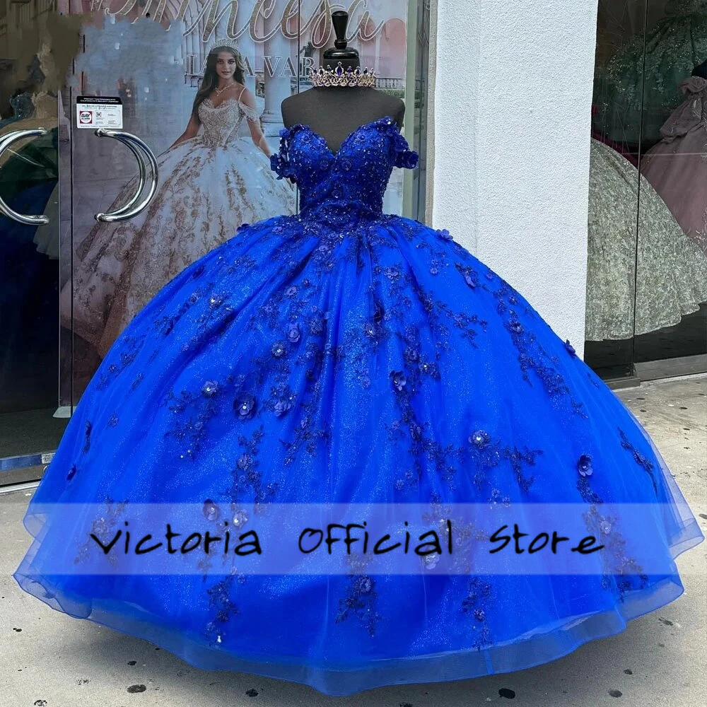 Król niebieskie kwiaty 3D zroszony suknie Quinceanera Off The Shoulder suknia balowa meksykańska słodka szesnaście sukienka suknie ślubne Vestido