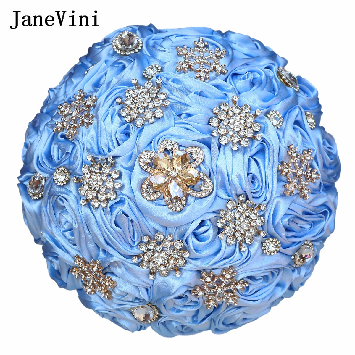 

JaneVini Shining Silver Crystal Jewelry Sky Blue Bridal Bouquet De Mariage Rhinestone Satin Roses Bride Wedding Flowers Bouquet