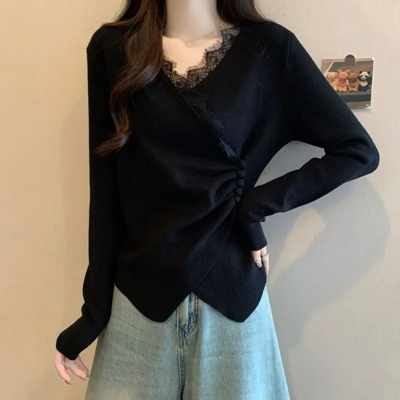 Thermal Fleece V-Neck Long Sleeve Top for Women Lace Patchwork Asymmetric Crossover Warm Casual Blouse Autumn Winter
