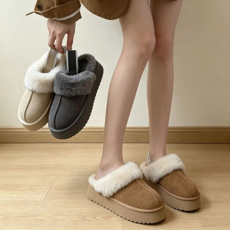 Thickened Warm Fluffy Slippers for Women, Winter New Style Thick Sole Anti-Slip Home Cotton Shoes Convertible Snow Boots