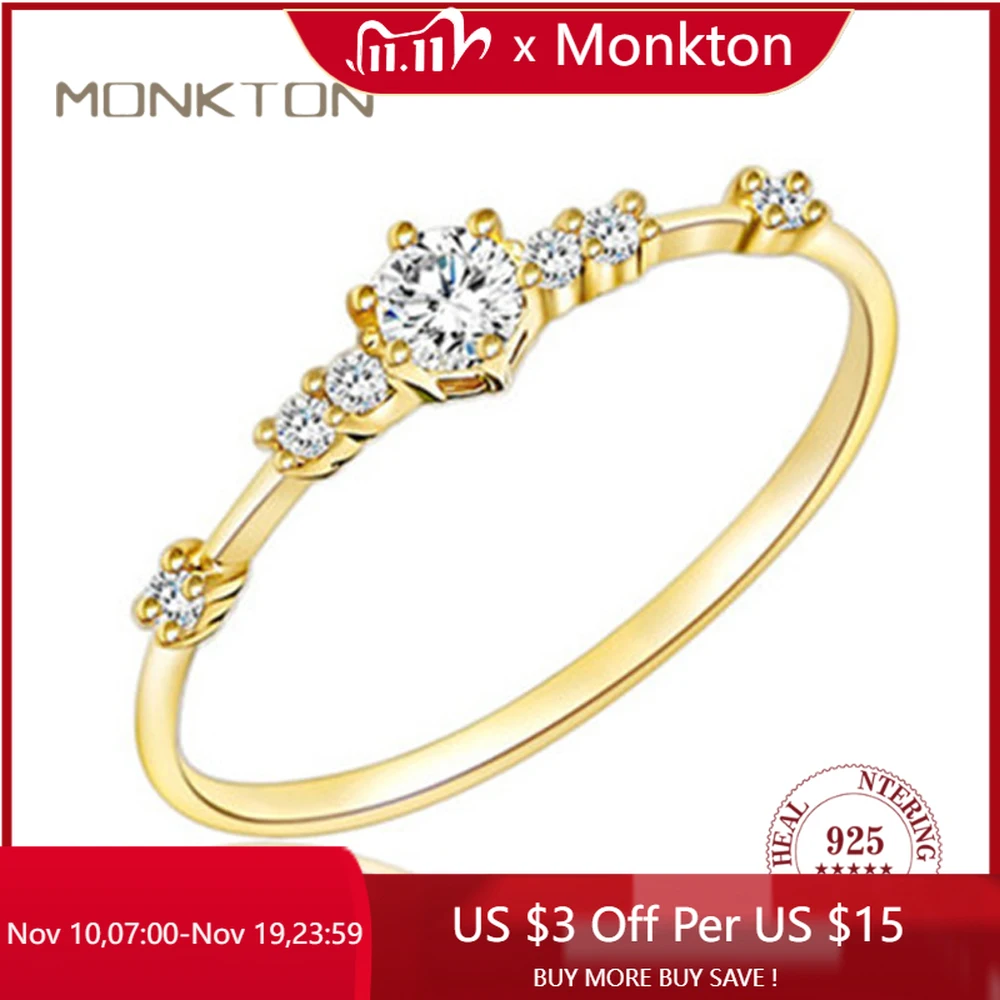 

Monkton 14K Gold Plated 925 Silver Wedding Band for Women Thin Stacking Ring Half Cubic Zirconia Eternity Engagement Ring
