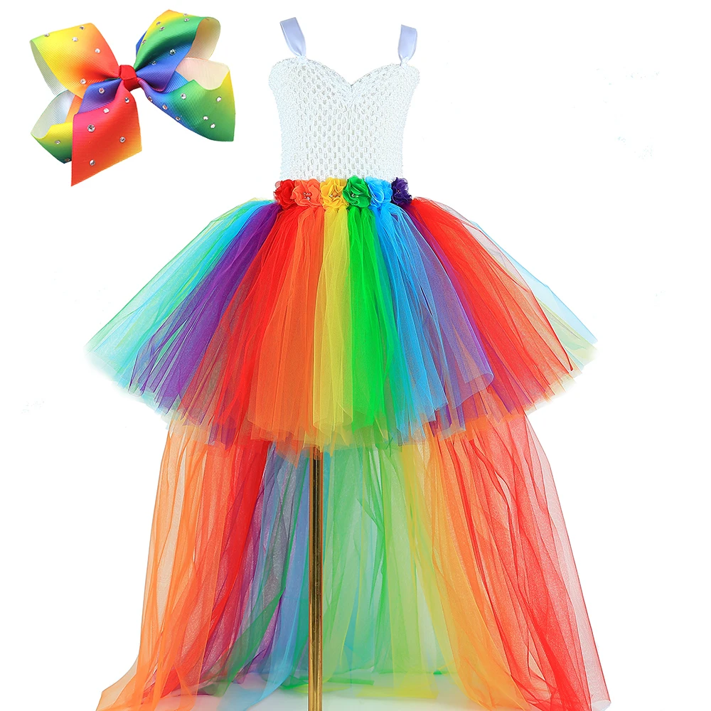 Rainbow Flowers Long Tutu Dress for Girls High Low Costume with Trail for Kids Halloween Birthday Outfit Girl Trailing Ball Gown