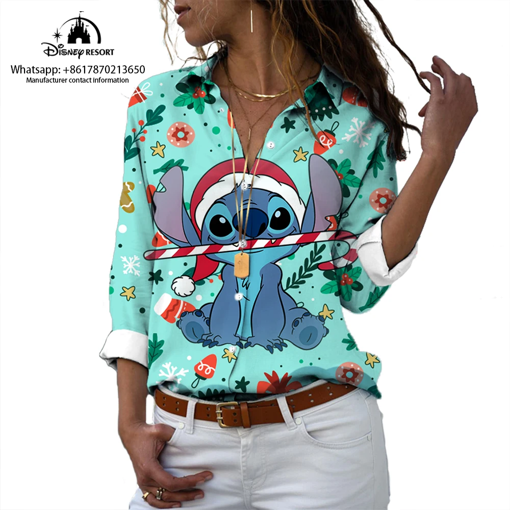 2024 New Stitch Cartoon Pattern Print Fashion Street Harajuku Women's Long Sleeve Shirt Lapel Cute Casual Shirt y2k