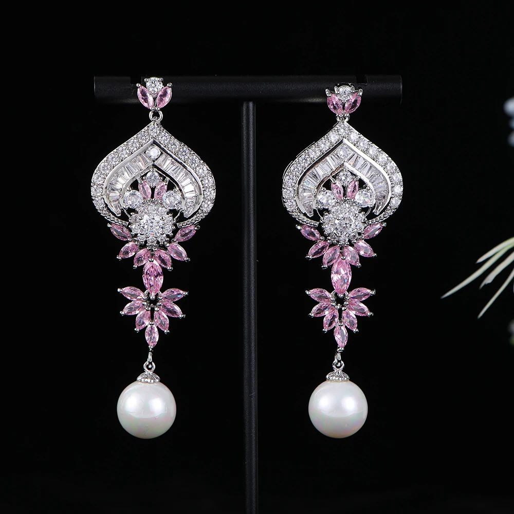 

Trendy Heart Earring Pearl Drop Earring For Women Wedding Cubic Zirconia Dubai Bridal Earrings Costume Jewelry Long Tassel E1161