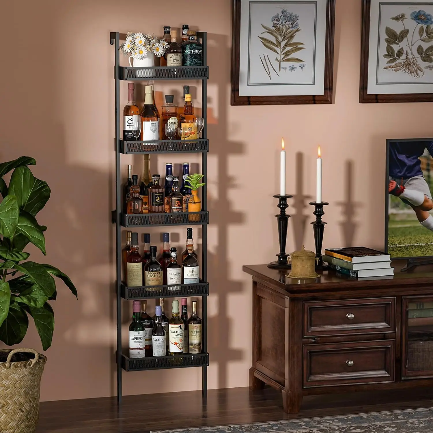 

Wine display rack with guardrail 50 bottle capacity Wall mounted wine rack with baffle