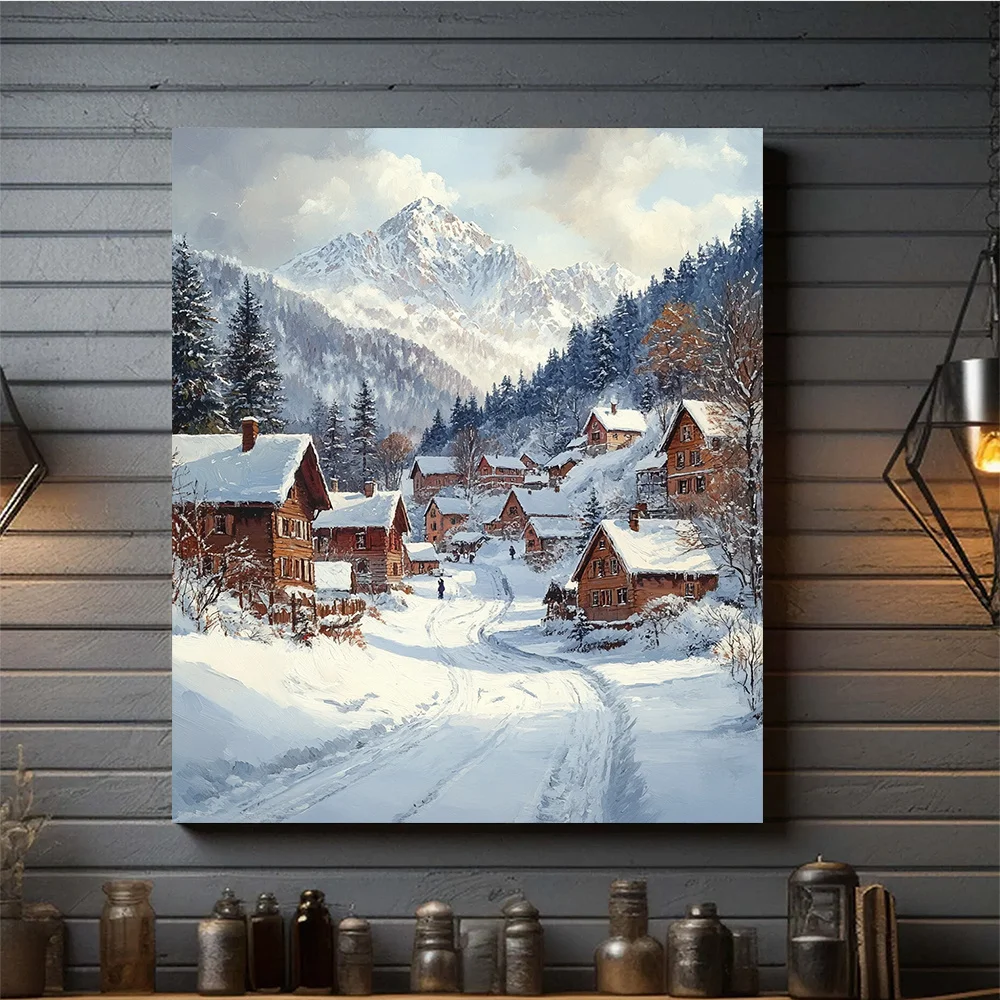 (No frame)1pc 12x16 Inch Winter Village Watercolor Painting Poster or Canvas Print - Rustic Snowy Scene with Recycled Wood Fr