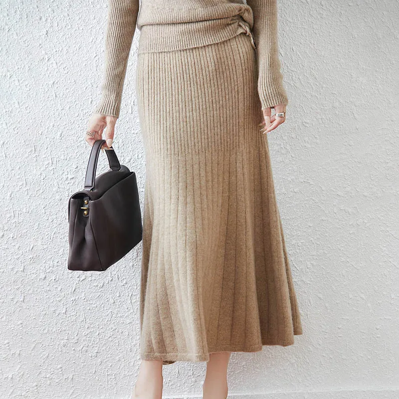 100% Wool Women's Slim Ribbed Solid Color Midi Skirt, Autumn Winter Versatile Knitted Wool Long Skirt